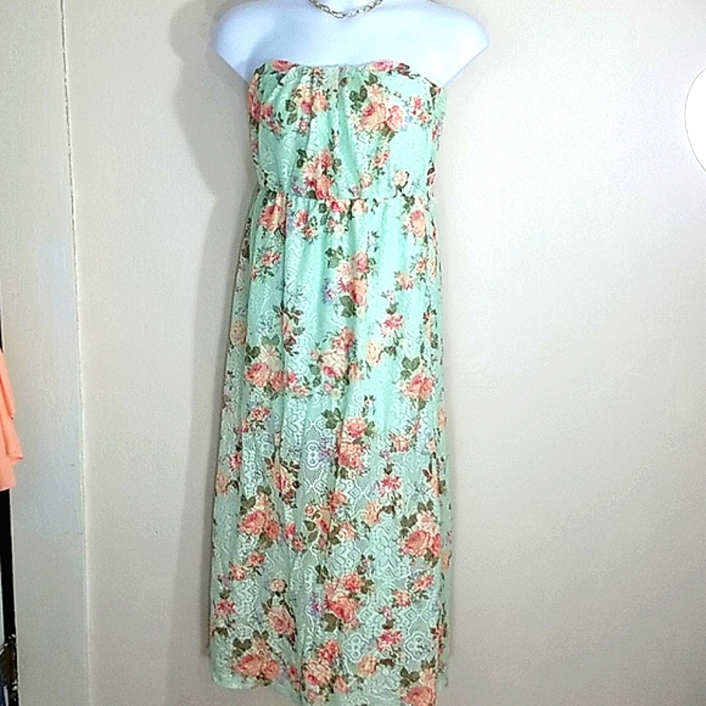 Milkmaid Dress Lace maxi strapless floral print tube Pastel green peach Y2k Nap